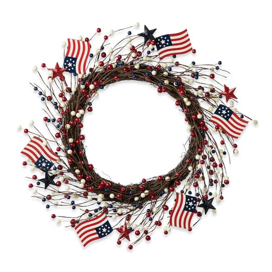Glitzhome® 22" Americana Flag & Berry Wreath